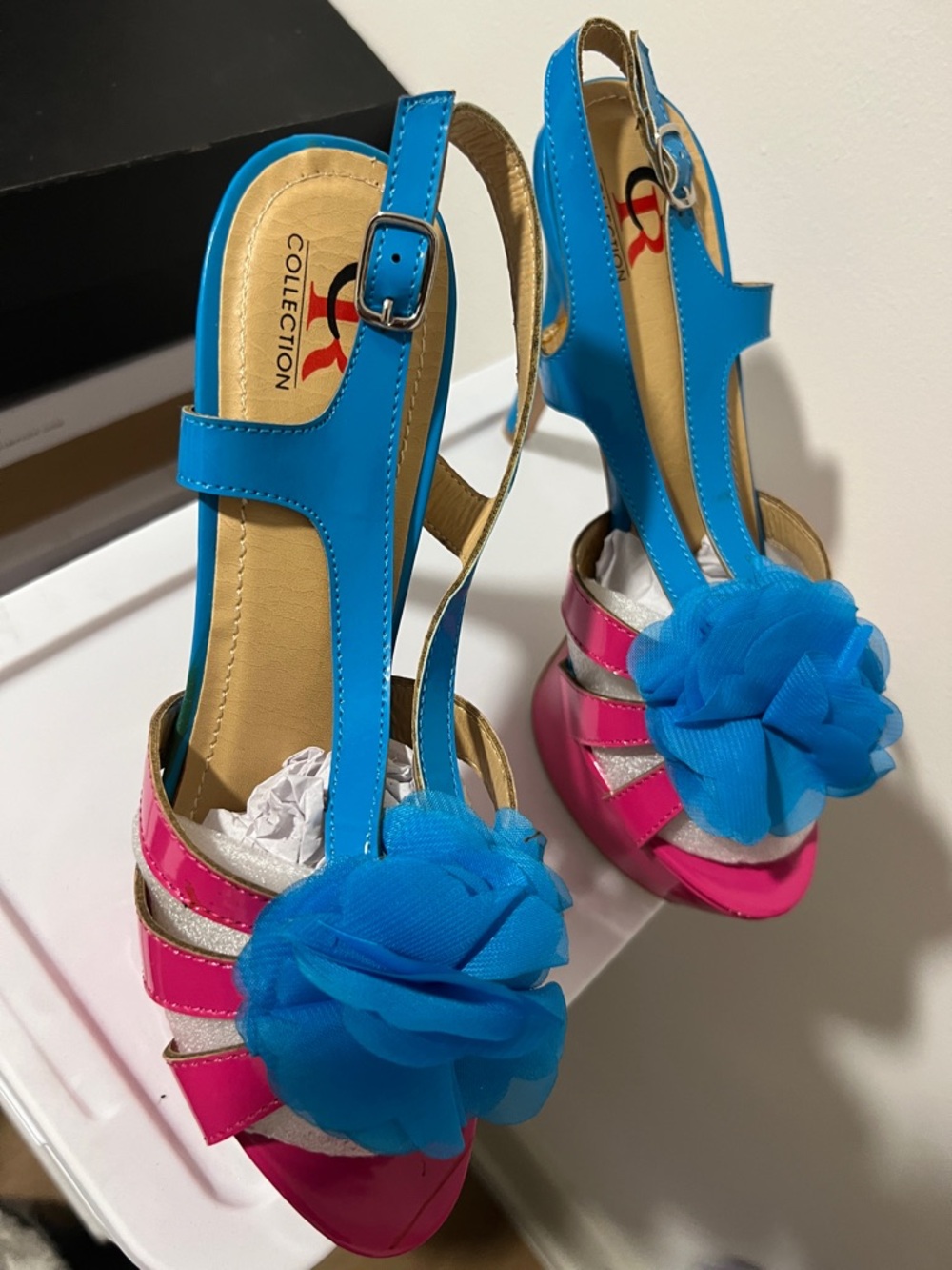 IC COLLECTION Blue and Pink Floral T-Strap Heels